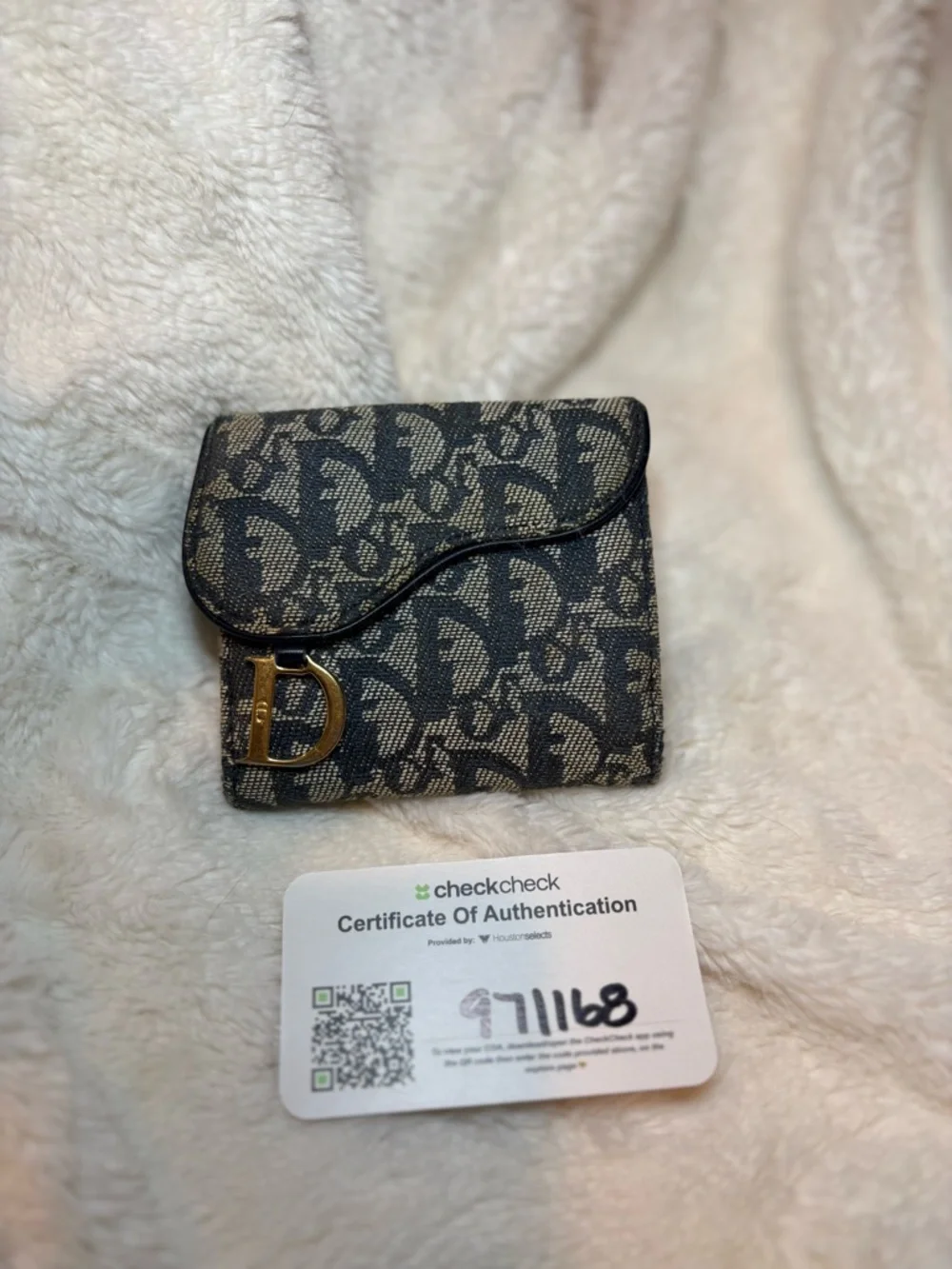 Dior Navy & Beige Monogram Mini Wallet with Gold 'D' Accent